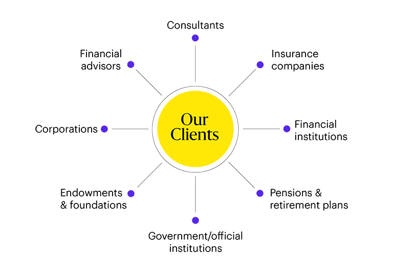 A graphic that described the types of clients ARYEX works with: Financial advisors, Consultants, Insurance companies, Financial institutions, etc.