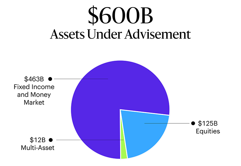 ARYEX’s AUA in a pie chart: Total AUA of $600B USD; $463B in fixed income and money market; $125B in equities; and $12B multi-asset.
