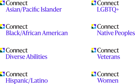 A list of ARYEX’s Connectivity Groups: Asian/Pacific Islander; Black/African American; Diverse Abilities; Hispanic/Latino; LGBTQ+; Native Peoples; Veterans; Women.